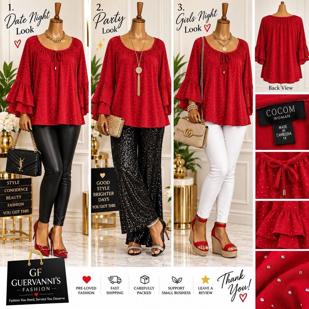 Cocomo Womens 1X Red Rhinestone Blouse Studded Bell Sleeve Boho Party